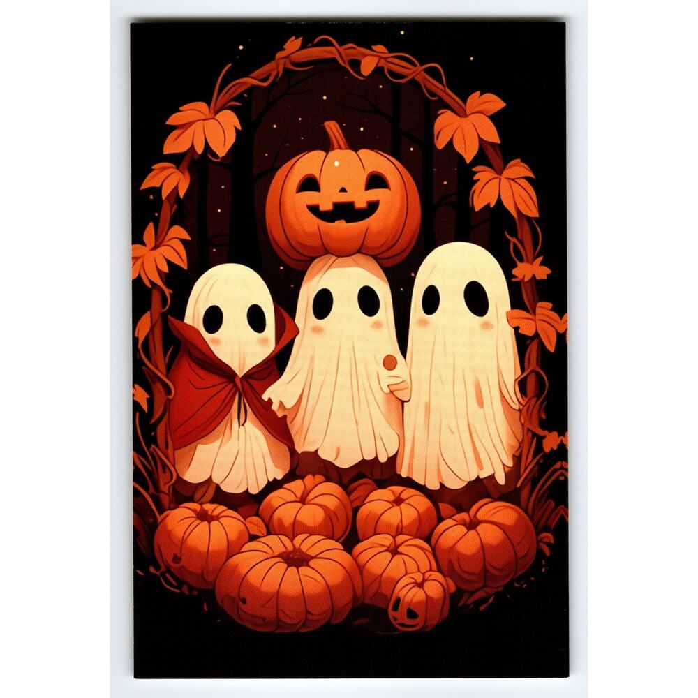 Vintage Halloween Postcard with Cute Ghosts & Pumpkin Patch 5.5x4"